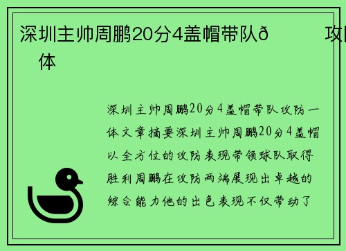 深圳主帅周鹏20分4盖帽带队👍攻防一体 深圳主帅周鹏20分4盖帽带队👍攻防一体